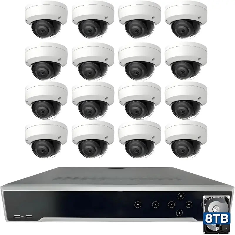 H-Series 32-Channel 4K PoE Commercial Security Camera System including 16 x 8MP Vandal-Proof Outdoor Dome Cameras and an 8TB Hard Drive, Hik-Compatible Hardware