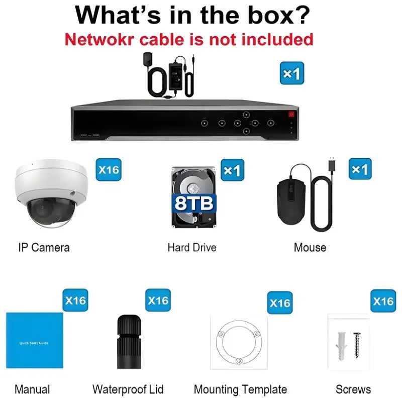 H-Series 32-Channel 4K PoE Commercial Security Camera System including 16 x 8MP Vandal-Proof Outdoor Dome Cameras and an 8TB Hard Drive, Hik-Compatible Hardware