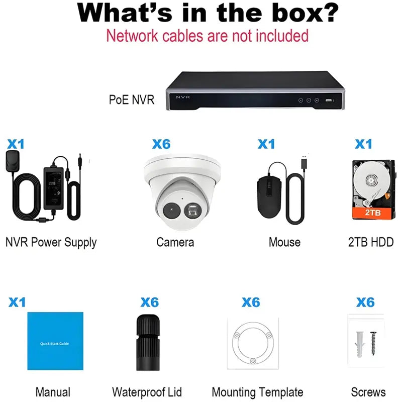 H-Series 8-Channel PoE Security Camera System including 6 x 4MP AcuSense Outdoor Turret Cameras and a 2TB Hard Drive, Hik-Compatible Hardware