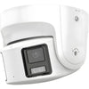H-Series DS-2CD2387G2P-LSU/SL white outdoor 8MP 180-degree panoramic turret IP camera featuring dual lenses, F1.0 large aperture, built-in mic speaker, and active deterrence strobe light