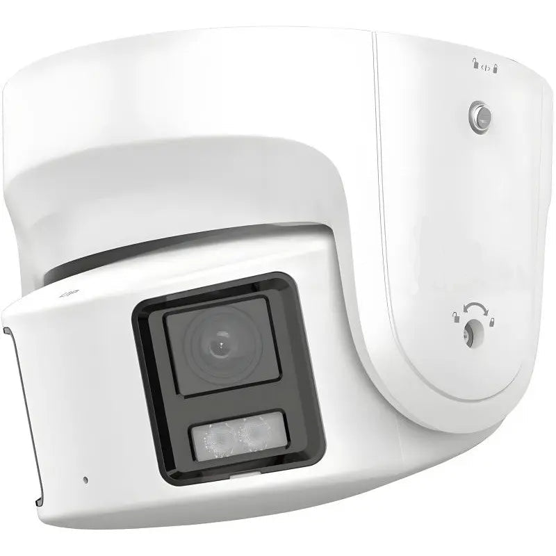 H-Series DS-2CD2387G2P-LSU/SL white outdoor 8MP 180-degree panoramic turret IP camera featuring dual lenses, F1.0 large aperture, built-in mic speaker, and active deterrence strobe light