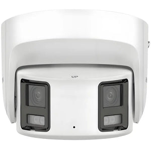 H-Series DS-2CD2387G2P-LSU/SL white outdoor 8MP 180-degree panoramic turret IP camera featuring dual lenses, F1.0 large aperture, built-in mic speaker, and active deterrence strobe light