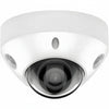 H-Series DS-2CD3586G2-IS unbranded compact white 8MP 4K mini dome IP security camera featuring a 2.8mm fixed lens, integrated infrared LEDs, and an attached auxiliary cable cluster for audio and alarm I/O connections