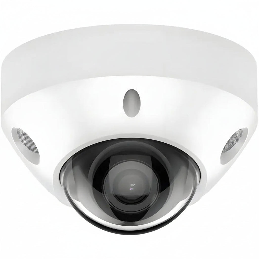 H-Series DS-2CD3586G2-IS unbranded compact white 8MP 4K mini dome IP security camera featuring a 2.8mm fixed lens, integrated infrared LEDs, and an attached auxiliary cable cluster for audio and alarm I/O connections
