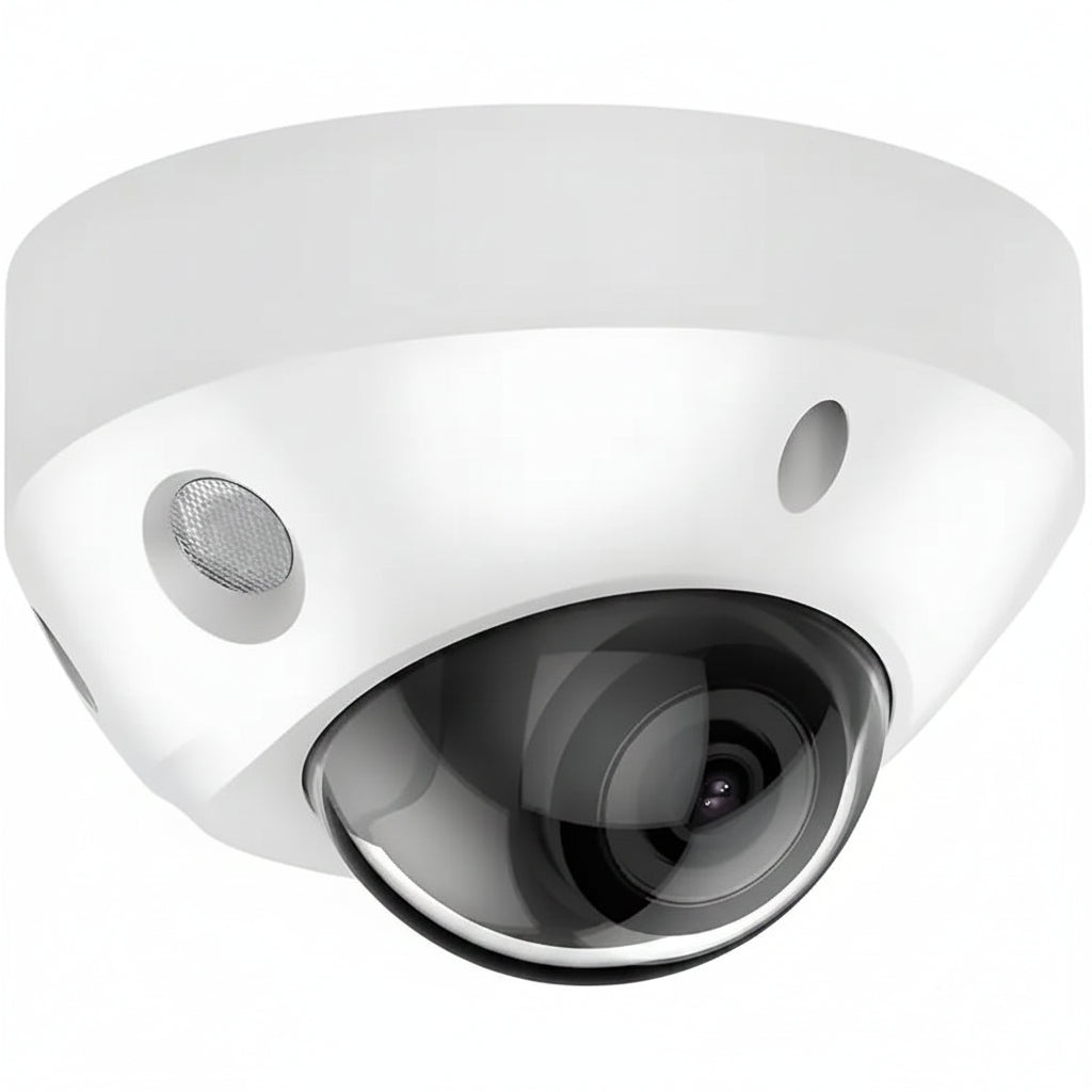 H-Series DS-2CD3586G2-IS unbranded compact white 8MP 4K mini dome IP security camera featuring a 2.8mm fixed lens, integrated infrared LEDs, and an attached auxiliary cable cluster for audio and alarm I/O connections
