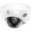 H-Series DS-2CD3586G2-IS unbranded compact white 8MP 4K mini dome IP security camera featuring a 2.8mm fixed lens, integrated infrared LEDs, and an attached auxiliary cable cluster for audio and alarm I/O connections