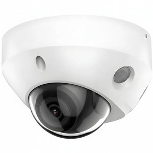 H-Series DS-2CD3586G2-IS unbranded compact white 8MP 4K mini dome IP security camera featuring a 2.8mm fixed lens, integrated infrared LEDs, and an attached auxiliary cable cluster for audio and alarm I/O connections