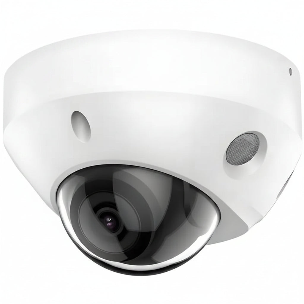 H-Series DS-2CD3586G2-IS unbranded compact white 8MP 4K mini dome IP security camera featuring a 2.8mm fixed lens, integrated infrared LEDs, and an attached auxiliary cable cluster for audio and alarm I/O connections
