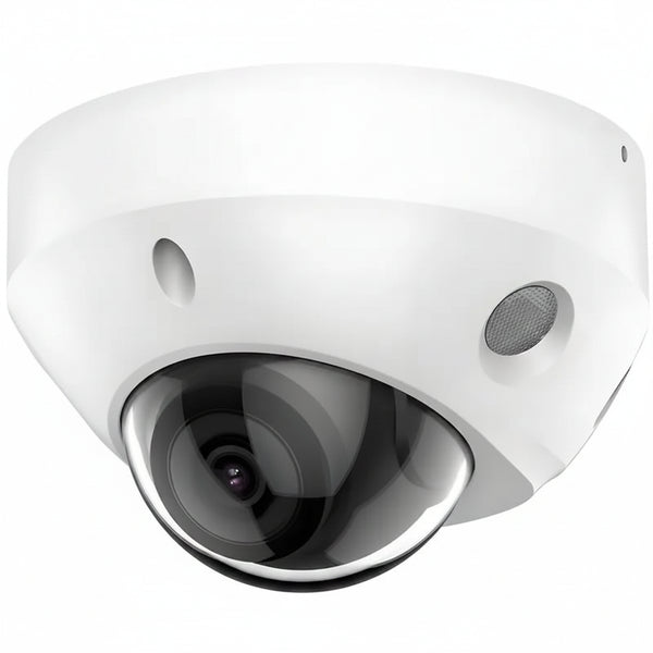 H-Series DS-2CD3586G2-IS unbranded compact white 8MP 4K mini dome IP security camera featuring a 2.8mm fixed lens, integrated infrared LEDs, and an attached auxiliary cable cluster for audio and alarm I/O connections