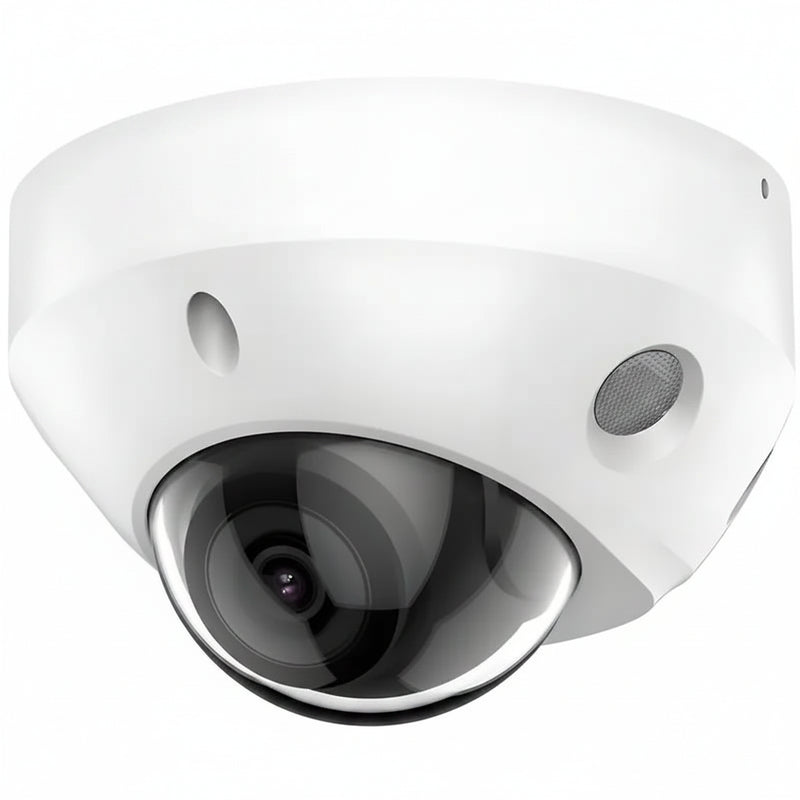 H-Series DS-2CD3586G2-IS unbranded compact white 8MP 4K mini dome IP security camera featuring a 2.8mm fixed lens, integrated infrared LEDs, and an attached auxiliary cable cluster for audio and alarm I/O connections