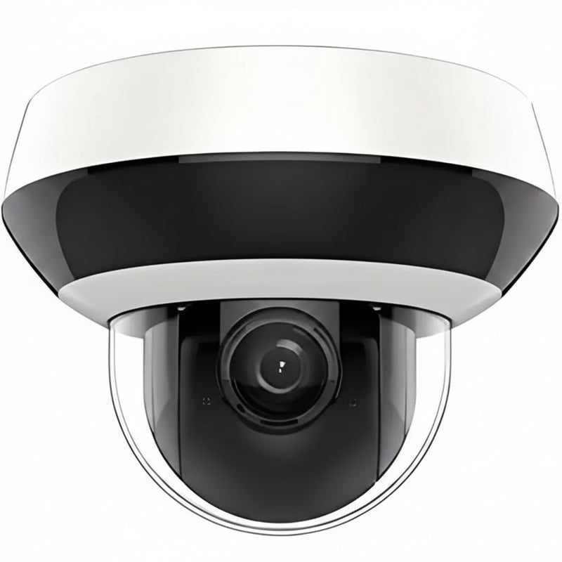H-Series DS-2DE2A404IW-DE3 unbranded white and black outdoor 4MP mini PTZ dome IP camera with 4x motorized optical zoom lens, clear bubble dome, and IR illuminators