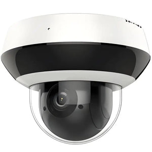 H-Series DS-2DE2A404IW-DE3 unbranded white and black outdoor 4MP mini PTZ dome IP camera with 4x motorized optical zoom lens, clear bubble dome, and IR illuminators