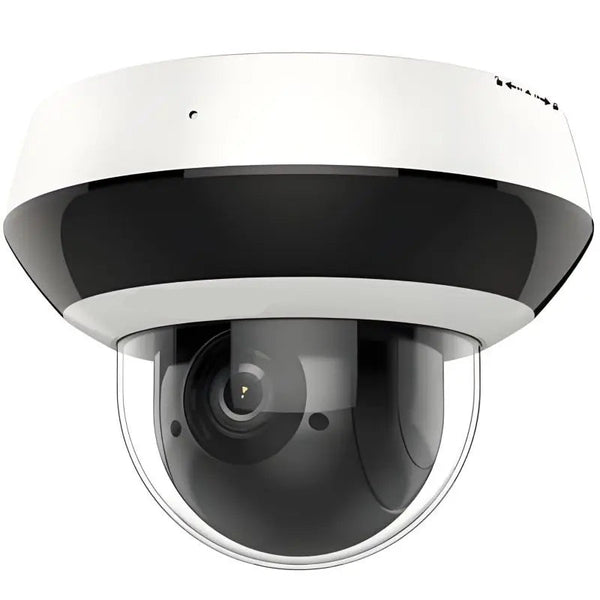 H-Series DS-2DE2A404IW-DE3 unbranded white and black outdoor 4MP mini PTZ dome IP camera with 4x motorized optical zoom lens, clear bubble dome, and IR illuminators