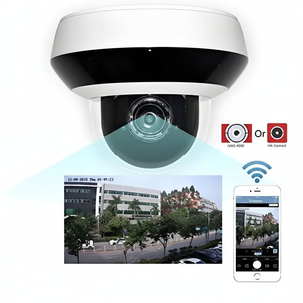 H-Series DS-2DE2A404IW-DE3 unbranded white and black outdoor 4MP mini PTZ dome IP camera with 4x motorized optical zoom lens, clear bubble dome, and IR illuminators