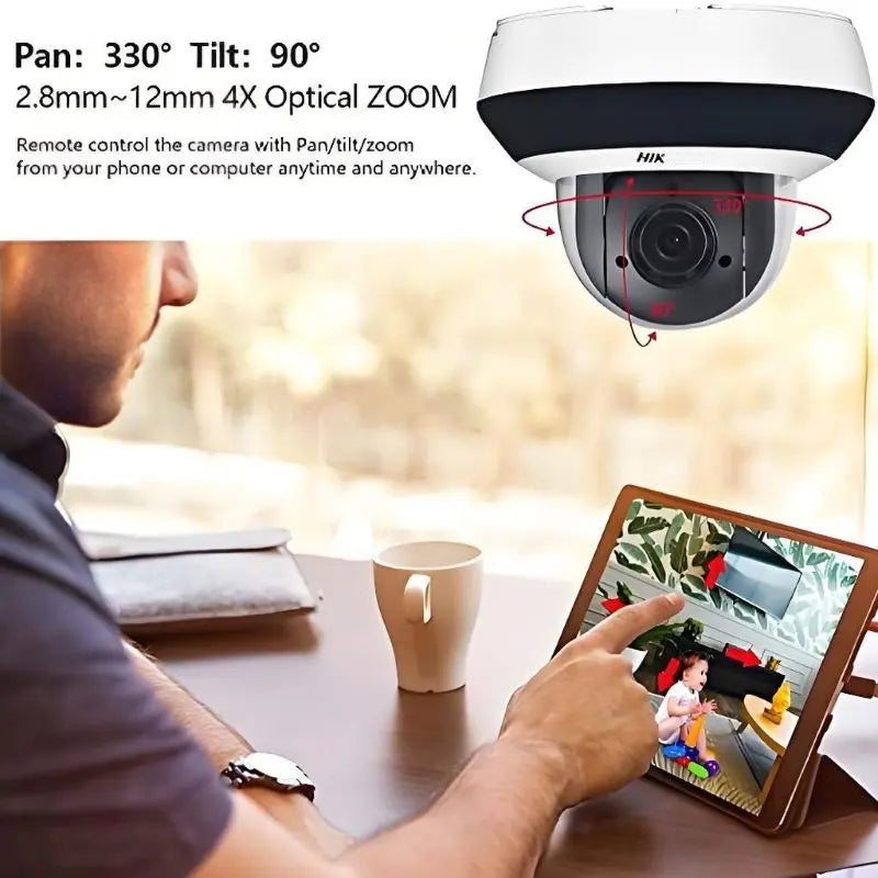 H-Series DS-2DE2A404IW-DE3 unbranded white and black outdoor 4MP mini PTZ dome IP camera with 4x motorized optical zoom lens, clear bubble dome, and IR illuminators