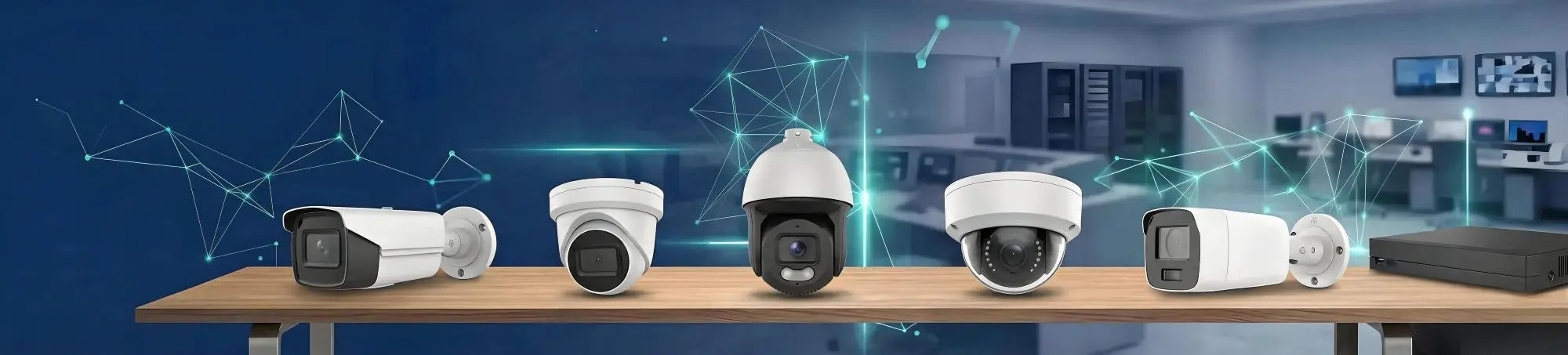 Professional lineup of 4K Smart AI Detection security cameras for commercial surveillance systems in Chicago, featuring Turret, Dome, and Bullet IP cameras on a modern network background