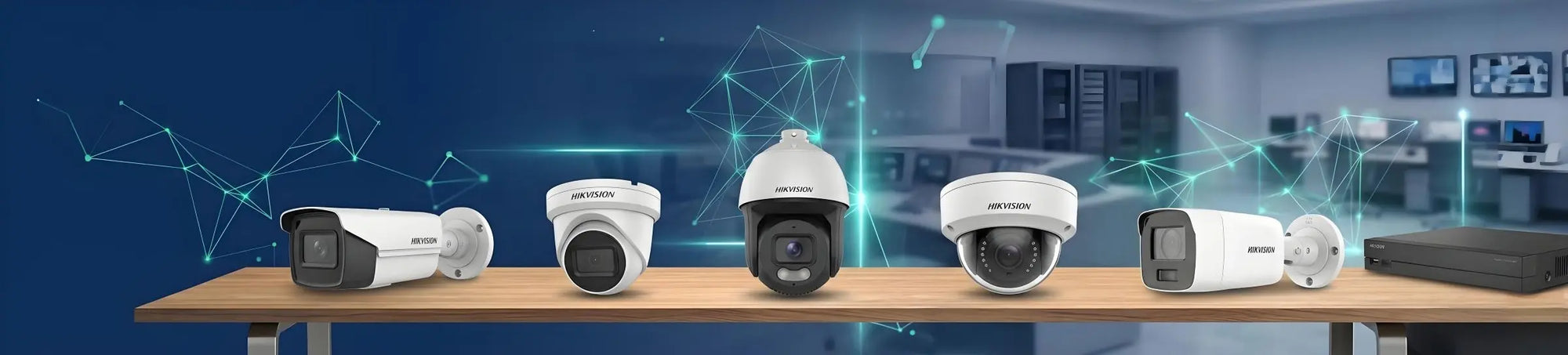 Professional lineup of Hikvision-compatible 4K AcuSense security cameras for commercial surveillance systems in Chicago, featuring Turret, Dome, and Bullet IP cameras on a modern network background