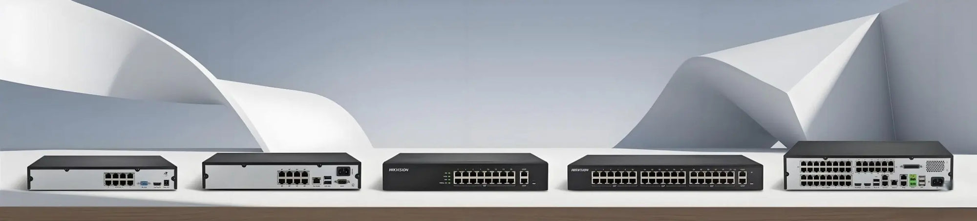 A row of professional 4K PoE NVRs for Hikvision-compatible security systems, offering multi-channel recording for commercial surveillance in the Chicago area