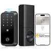 Sleek black H-Series HK01 smart door lock featuring a biometric fingerprint scanner and touchscreen digital keypad on a front door