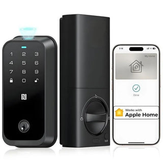 Sleek black HK01 smart door lock featuring a biometric fingerprint scanner and touchscreen digital keypad on a front door