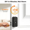 Sleek black H-Series HK01 smart door lock featuring a biometric fingerprint scanner and touchscreen digital keypad on a front door