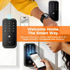 Sleek black H-Series HK01 smart door lock featuring a biometric fingerprint scanner and touchscreen digital keypad on a front door
