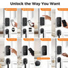 Sleek black H-Series HK01 smart door lock featuring a biometric fingerprint scanner and touchscreen digital keypad on a front door
