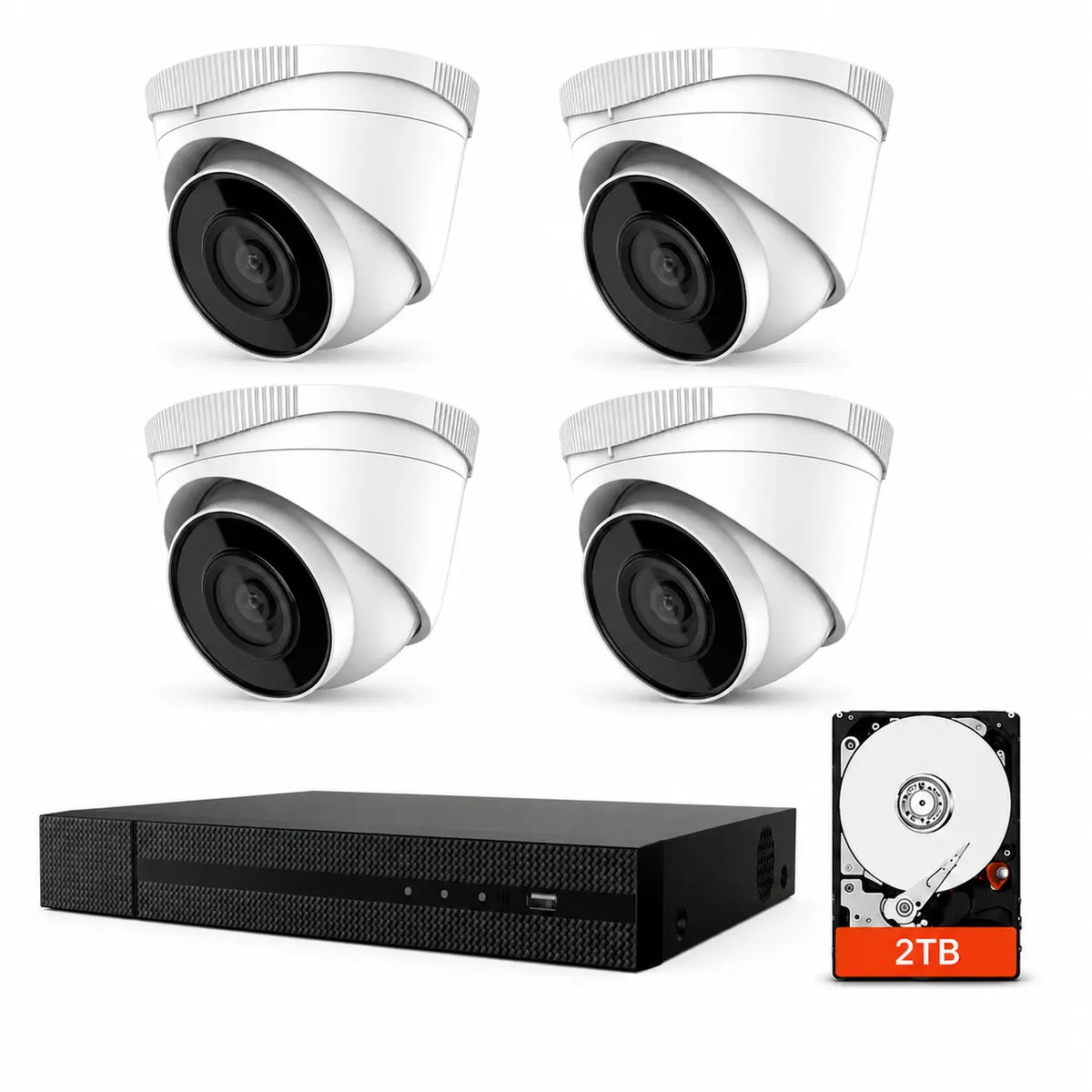 IK-4244TH-MH/P 4-camera 4MP PoE turret security system with four cameras, one NVR, and a 2TB hard drive