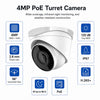 4MP PoE turret camera with a 2.8 mm lens, 98-degree horizontal view, IR up to 98 feet, 120 dB WDR, IP67, and H.265+.