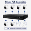 PoE diagram showing six cameras connected to an 8-channel NVR, with channels seven and eight available for expansion.