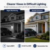 Representative residential comparison showing IR night monitoring up to 98 feet and 120 dB True WDR for a backlit entrance.