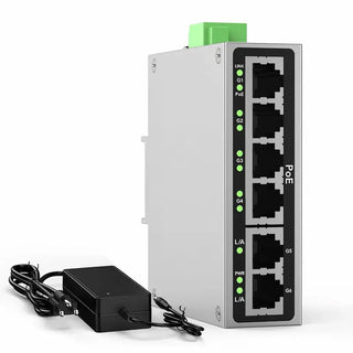 Heavy-duty industrial 4-port full Gigabit DIN-rail PoE switch with aluminum shell and attached UL-certified power supply block