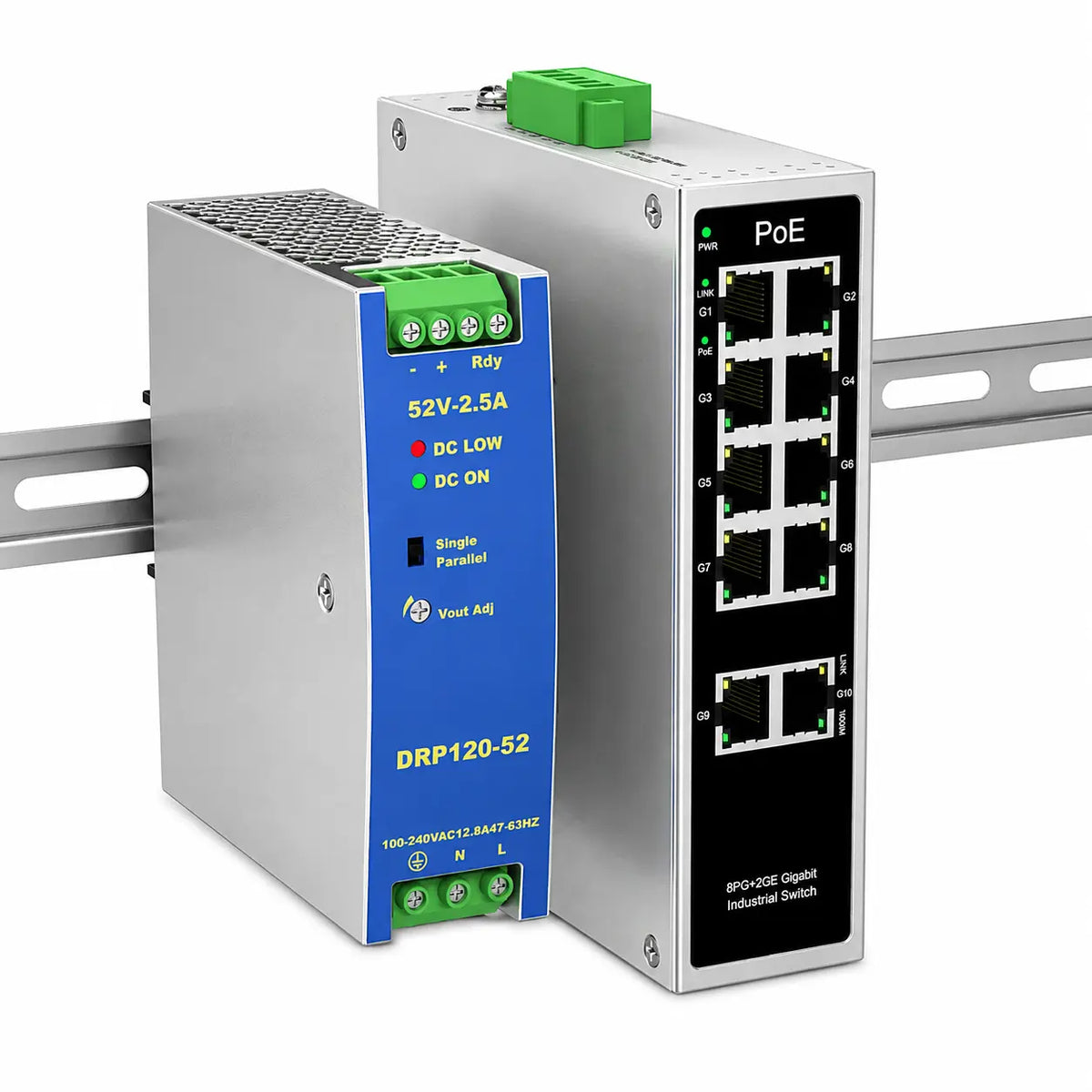 Industrial 8-port Gigabit PoE+ switch with dual Gigabit uplinks, aluminum housing, and 35mm DIN-rail mounting