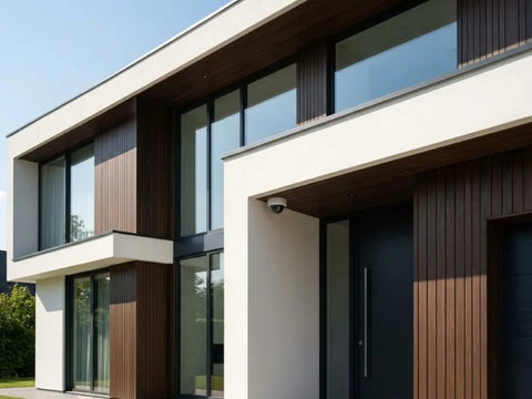 Exterior photography of a modern luxury smart home with a white professional dome security camera subtly mounted under the eave near the front entrance on a sunny day