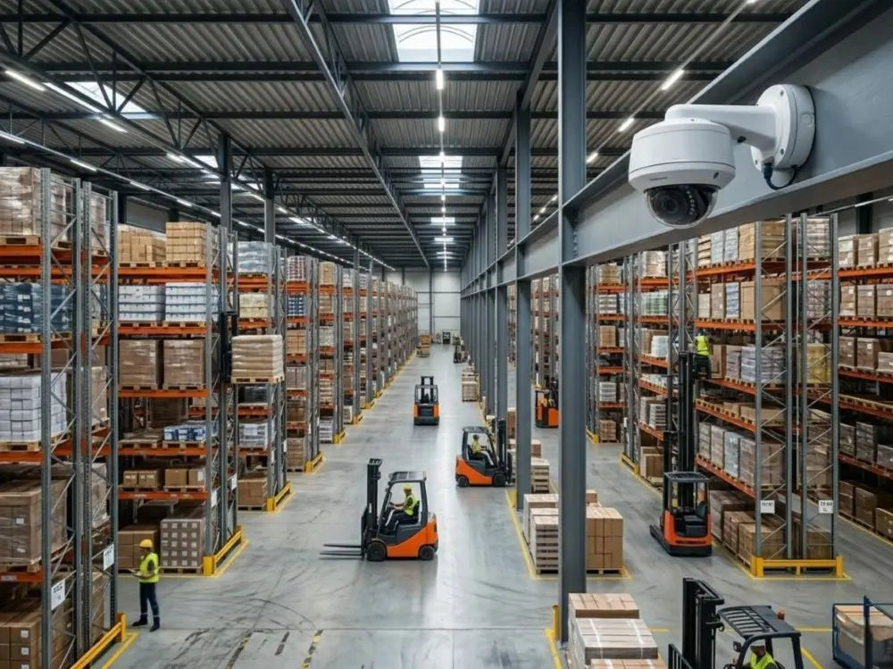 High-angle commercial photography of a massive modern logistics warehouse with towering storage racks and forklifts, featuring a professional white IP security camera mounted high on a steel structure beam