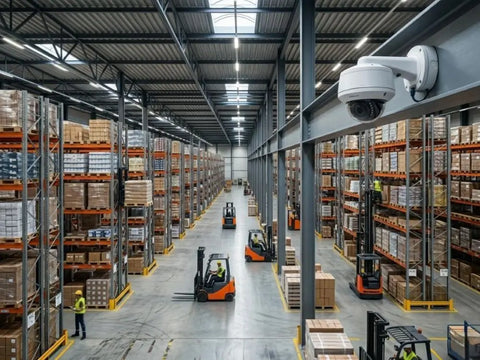 High-angle commercial photography of a massive modern logistics warehouse with towering storage racks and forklifts, featuring a professional white IP security camera mounted high on a steel structure beam