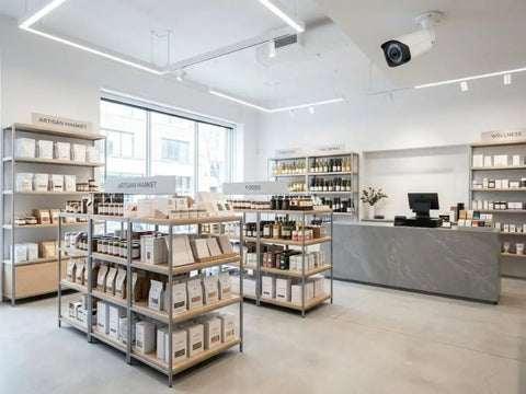 Interior view of a bright, clean modern retail boutique and grocery store featuring a white professional bullet security camera mounted on the ceiling overseeing organized display shelves