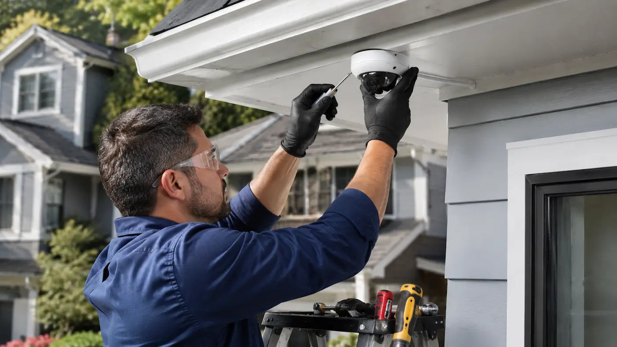 Professional installer setting up a PoE home security camera system with local NVR storage
