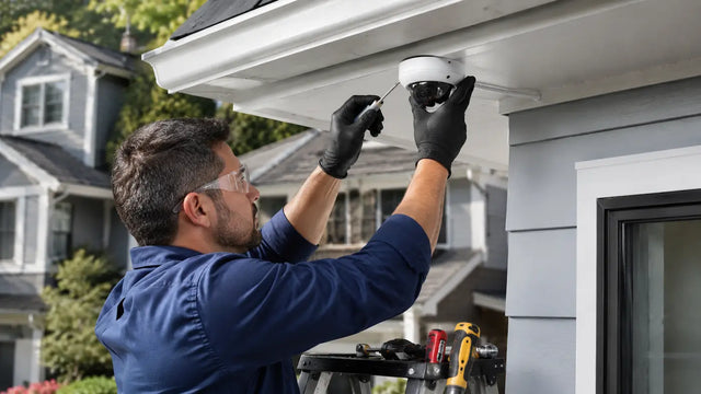 Professional installer setting up a PoE home security camera system with local NVR storage