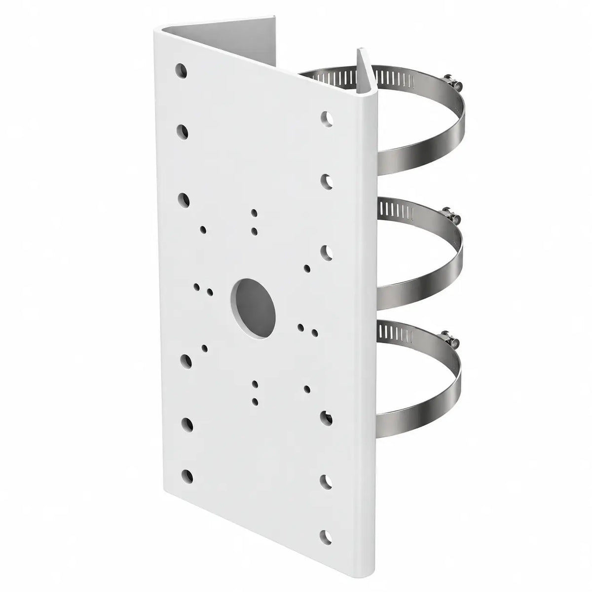 PM DS-1275ZJ pole mount adapter with metal mounting plate and stainless steel clamps for compatible security camera wall brackets