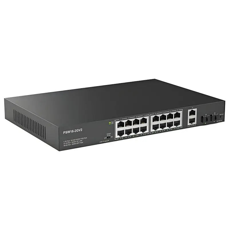 Front panel view of the Real HD PSW16-2 16-port unmanaged PoE switch showing 16 PoE ports, 2 Gigabit uplinks, DIP switches, and standard rack-mount ears attached