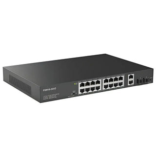 Front panel view of the Real HD PSW16-2 16-port unmanaged PoE switch showing 16 PoE ports, 2 Gigabit uplinks, DIP switches, and standard rack-mount ears attached