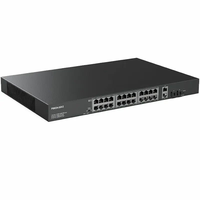 PSW24-2GV2 24-port Gigabit PoE+ switch with two RJ45 uplinks, two SFP ports, and front-panel operating mode controls.