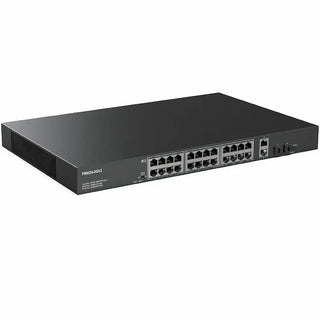 PSW24-2GV2 24-port Gigabit PoE+ switch with two RJ45 uplinks, two SFP ports, and front-panel operating mode controls.