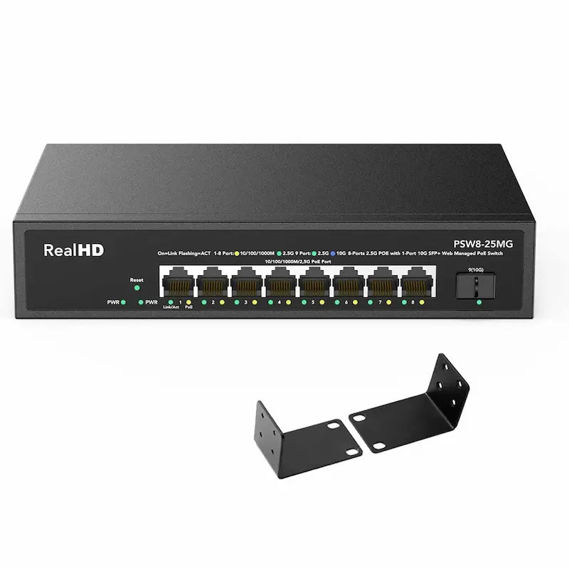 PSW8-25MG web-managed PoE+ switch with eight 2.5G RJ45 ports, one 10G SFP+ slot, and rack-mounting ears.