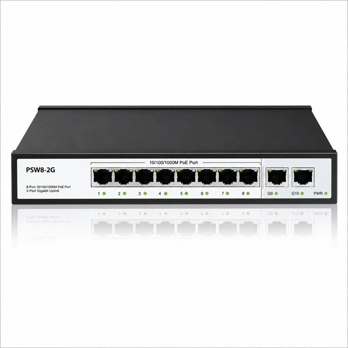 PSW8-2G 8-port Gigabit PoE+ switch with two Gigabit uplink ports, metal housing, LED indicators, and built-in power supply