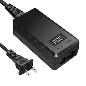 Compact black Real HD 48V 24W 0.5A PoE injector adapter showing dual RJ45 ports for LAN input and PoE power output