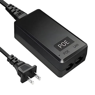 Compact black Real HD 48V 24W 0.5A PoE injector adapter showing dual RJ45 ports for LAN input and PoE power output