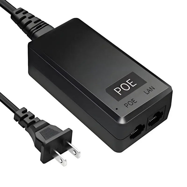 Compact black Real HD 48V 24W 0.5A PoE injector adapter showing dual RJ45 ports for LAN input and PoE power output