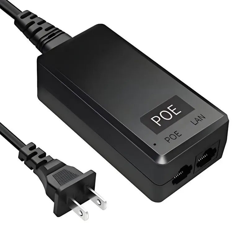 Compact black Real HD 48V 24W 0.5A PoE injector adapter showing dual RJ45 ports for LAN input and PoE power output